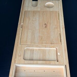 Natural Bamboo Bath Tray with Book Holder, wine holder, leather handle straps